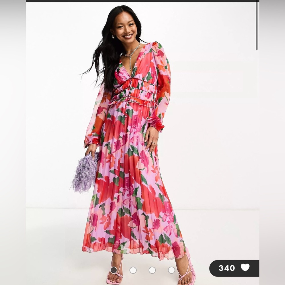 ASOS Design button through ruched waist pleated midi dress in floral print